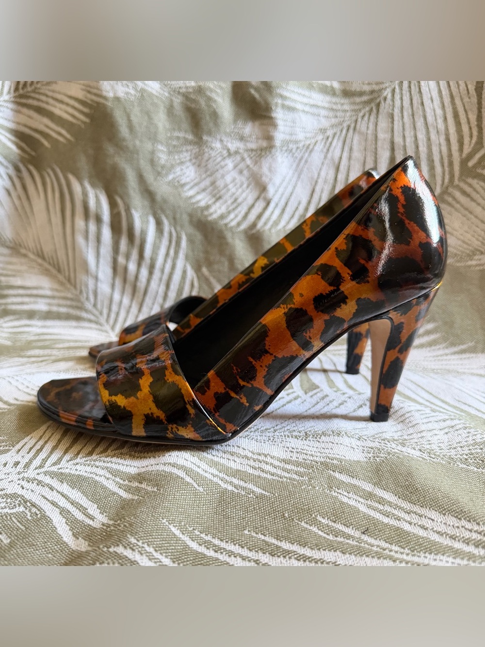ANTONIO MELANI Leopard-Print Patent Peep-Toe Pumps in Brown and Black